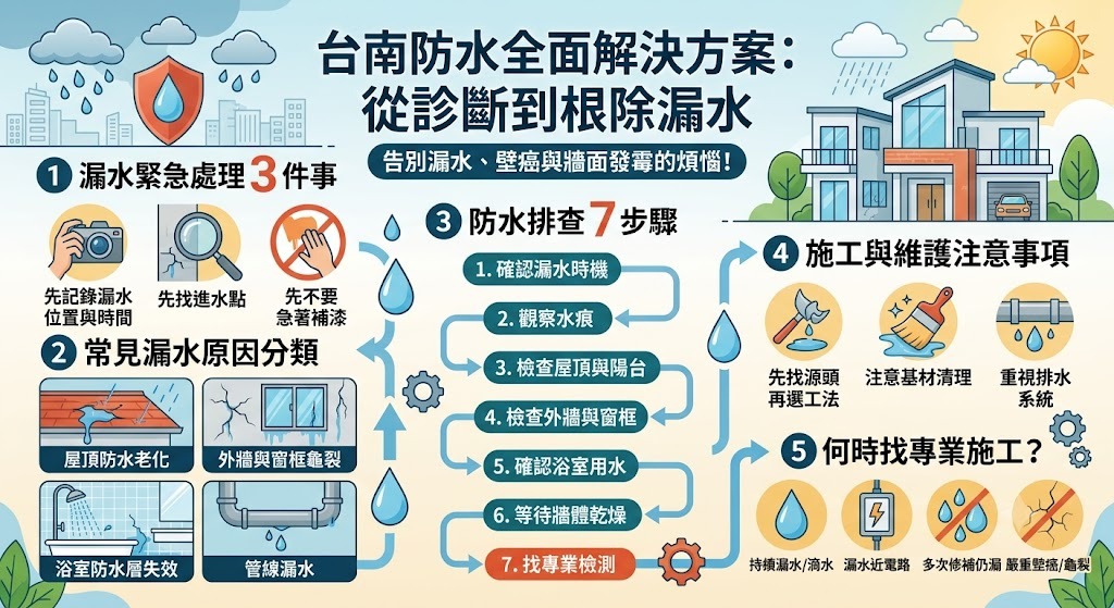 台南防水漏水怎麼辦？7步驟找原因，屋頂、外牆、浴室滲水一次排查