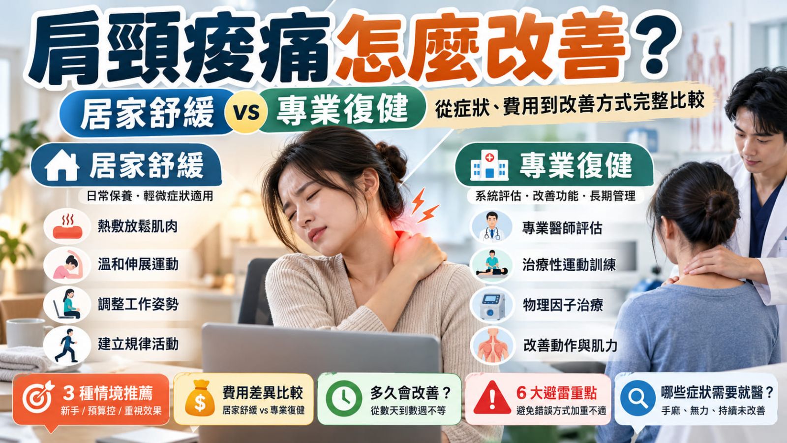 肩頸痠痛怎麼改善?居家舒緩 vs 專業復健,從症狀、費用到改善方式完整比較