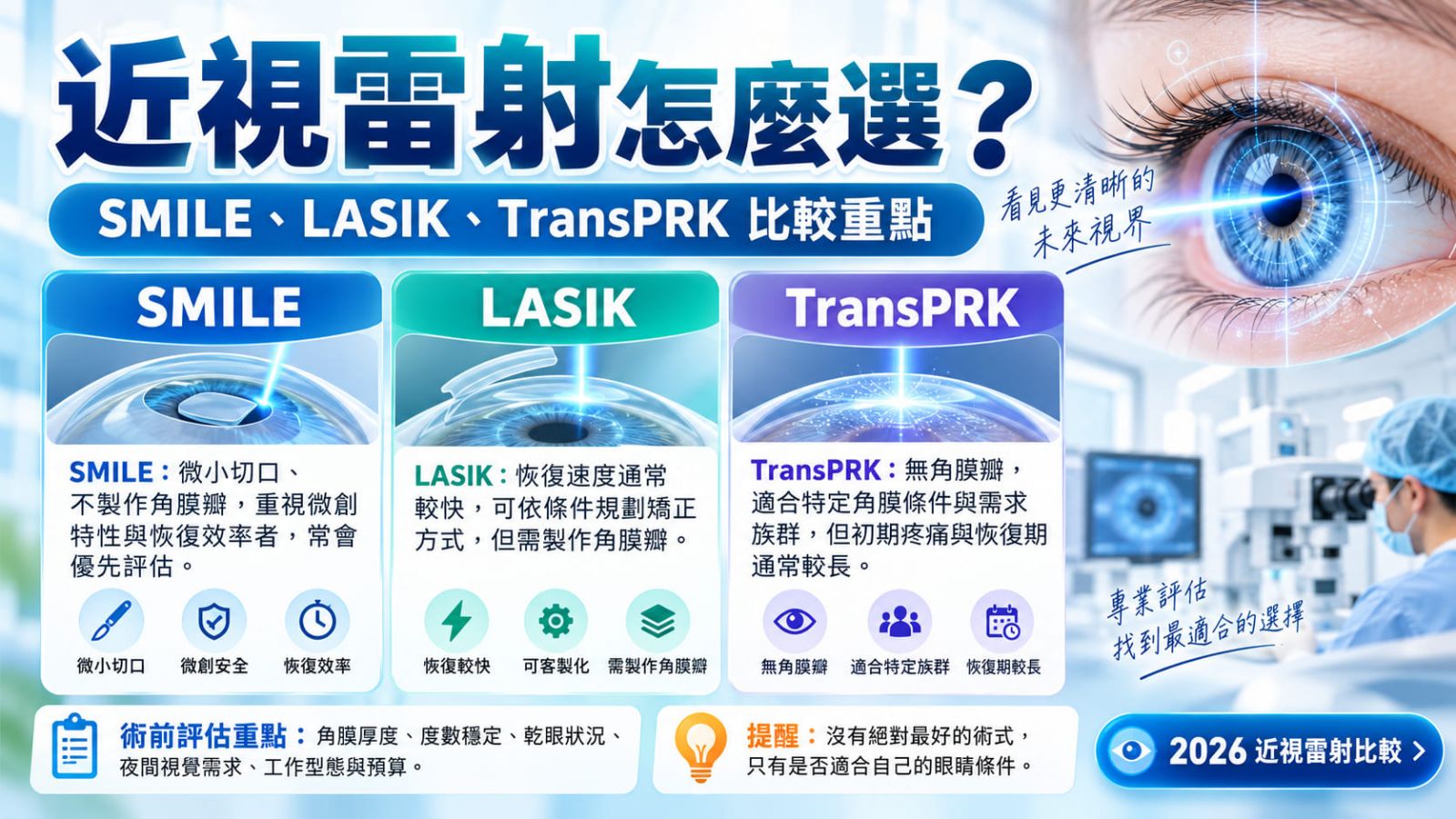 2026近視雷射怎麼選?SMILE、LASIK、TransPRK手術費用、恢復期與優缺點比較