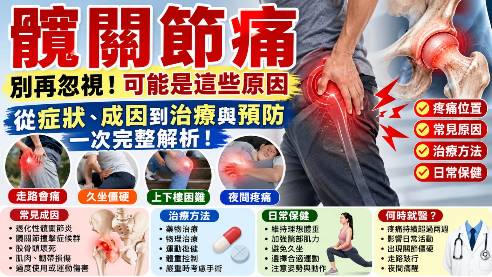 髖關節痛怎麼辦?常見原因、疼痛位置、5 步驟改善方法與就醫時機完整解析